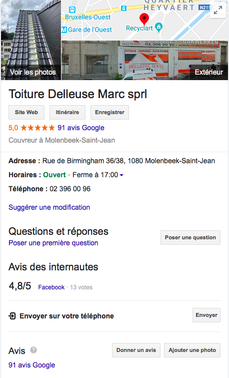 Fiche Google My Business de l'entreprise Delleuse Marc Toitures